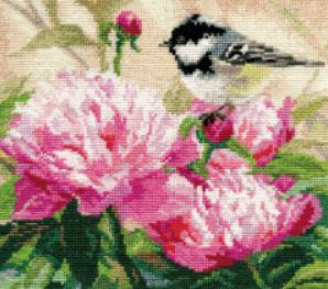 "Tit and Peonies" - embroidery kit /Alisa/ 19 x 17 cm
