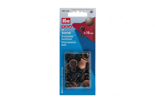 Snap buttons "Anorak" for outerwear, 15 mm, 10 pcs - old copper - refill set