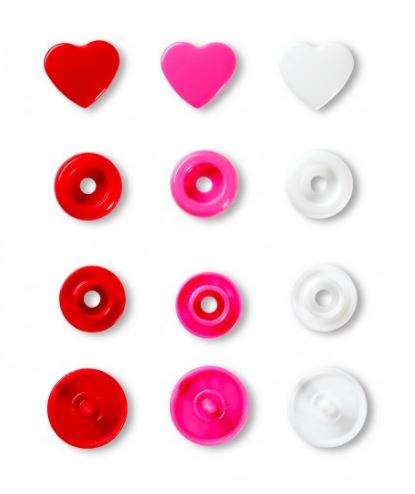 Plastmasas spiedpogas - Sirsniņas - sarkanas/ baltas/ rozā - Ø12.4 mm - 30 gab. /Prym Love
