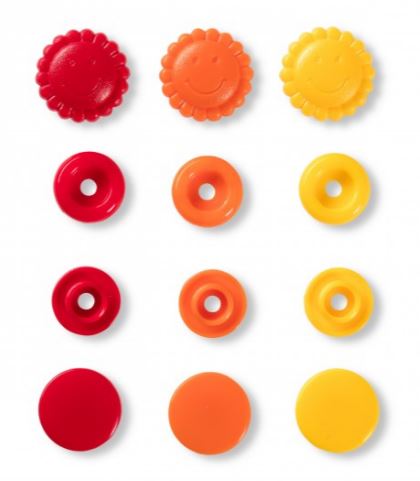 Plastmasas spiedpogas - Ziedi - dzeltenas/ sarkanas/ oranžas - Ø13.6 mm - 21 gab /Prym Love