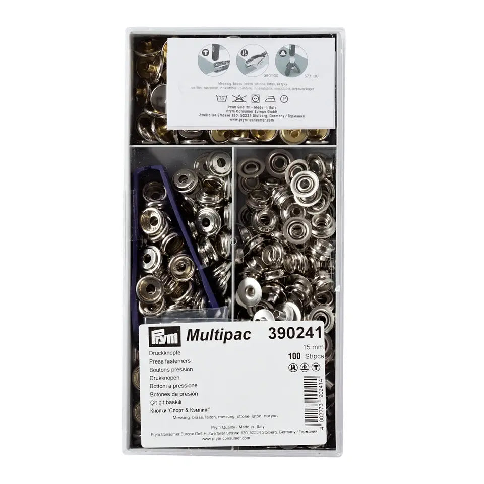 Buttons "Sport & Camping" with tool 15 mm, 100 pcs - silver /Prym