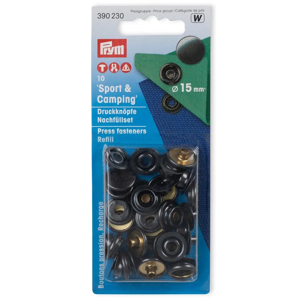 "Sport & Camping" buttons with tool 15 mm, 10 pcs - oxidized black