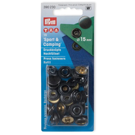 "Sport & Camping" buttons with tool 15 mm, 10 pcs - oxidized black