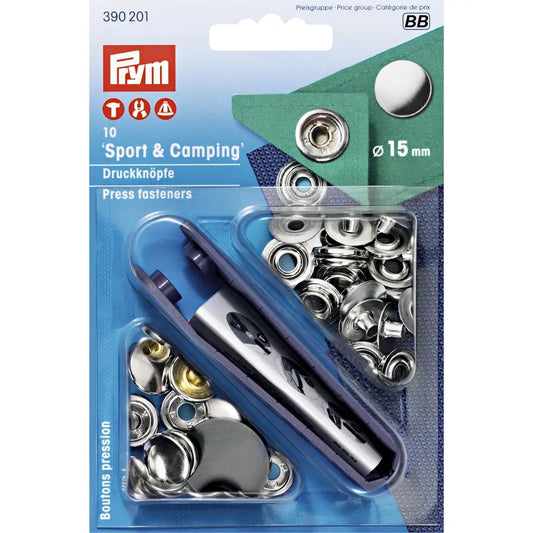 "Sport & Camping" buttons with tool 15 mm, 10 pcs - silver