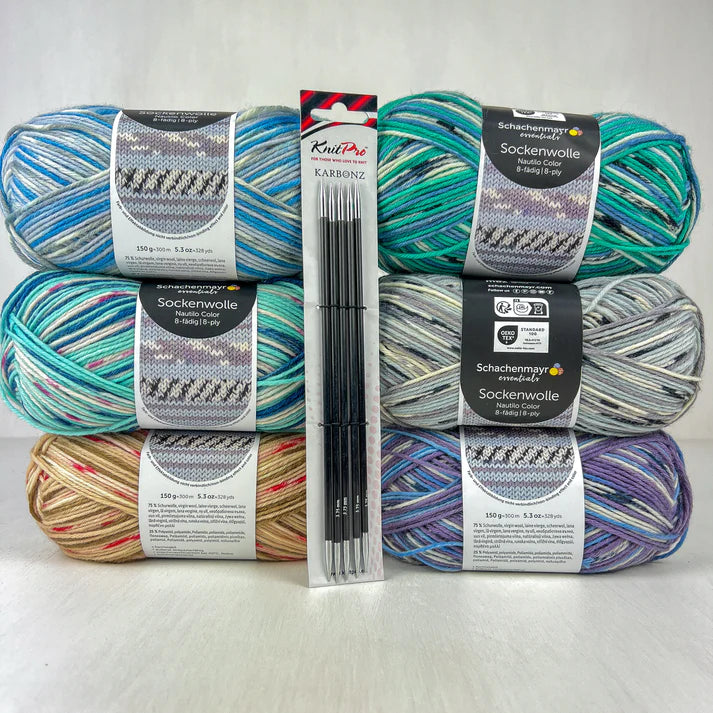 ZEĶU ADĪTĀJU KOMPLEKTS - Sockenwolle 8-diegu Nautilo Color krāsu izlase /6 x 150g/ + Zeķu adāmadatas Ø3.75mm ||20 cm /KARBONZ-KnitPro