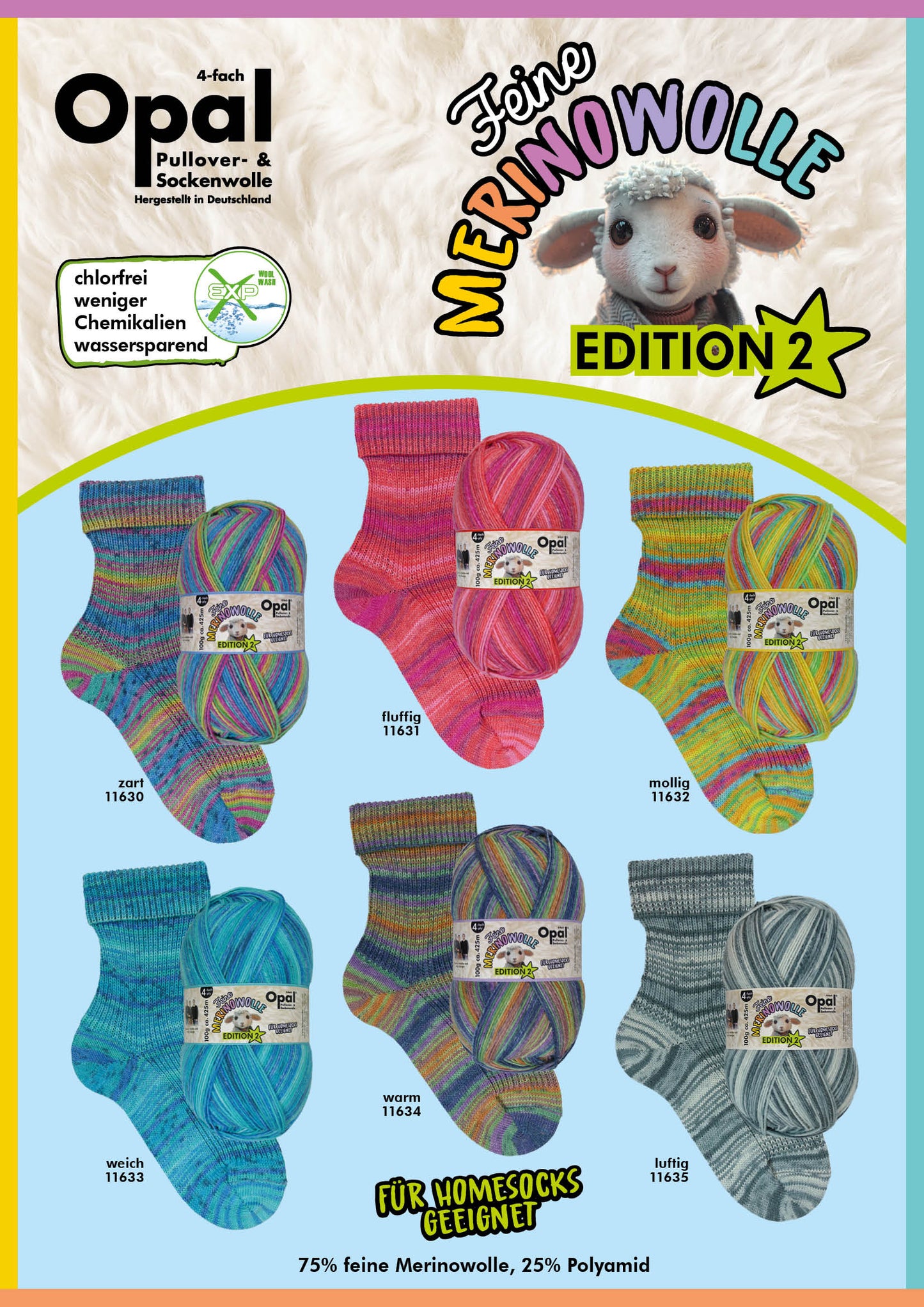 OPAL 4-diegu FEINE MERINWOLLE - EDITION2 /krāsu izlases komplekts / 6 x 100g/ IEROBEŽOTS IZLAIDUMS!