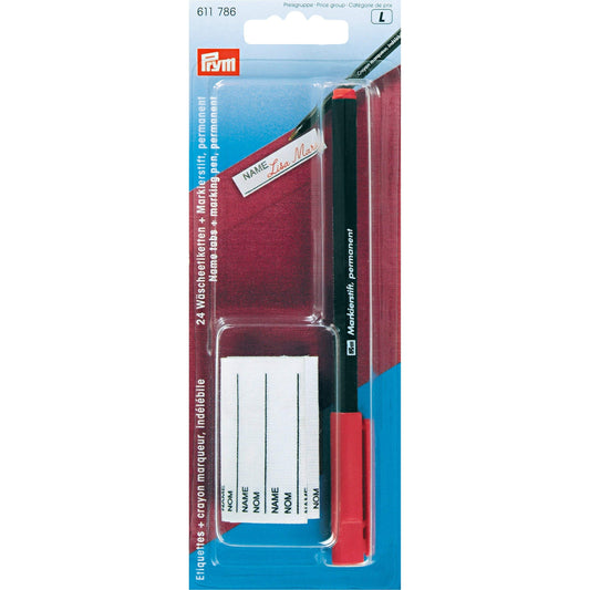 Red permanent pen with 24 clothing tags /Prym