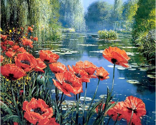 Poppies by the Lake - diamond embroidery kit /Collection d' Art/ 48x38 cm