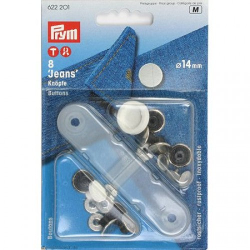 Jeans buttons with tool, 14 mm, 8 pcs - silver
