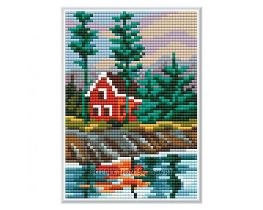 Nature sketch "House in the forest" II- diamond embroidery kit with cardboard base /Collection d' Art/ 12x17 cm