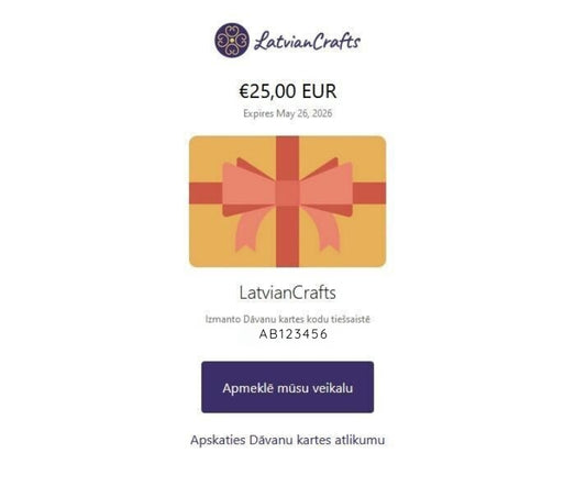 Läti käsitöö virtuaalne kinkekaart e-posti teel