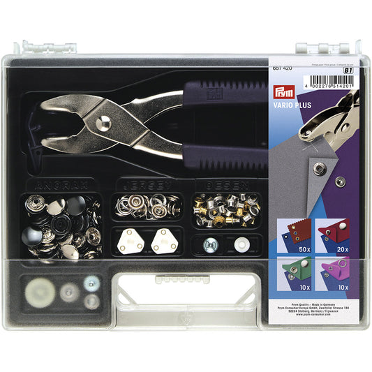 Tool for pressing buttons and holes in suitcases + button set
