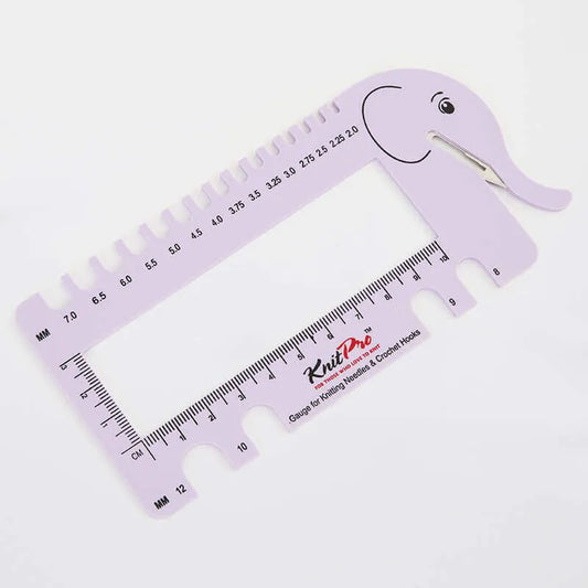 Knitting needle and crochet hook sizing template with yarn cutter - purple /KnitPro