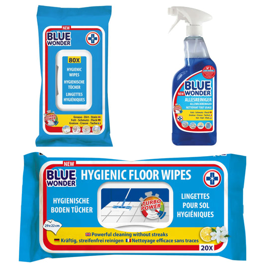 BLUE WONDER cleaning set: UNIVERSAL wet wipes + FLOOR wipes + Universal cleaner SPRAY