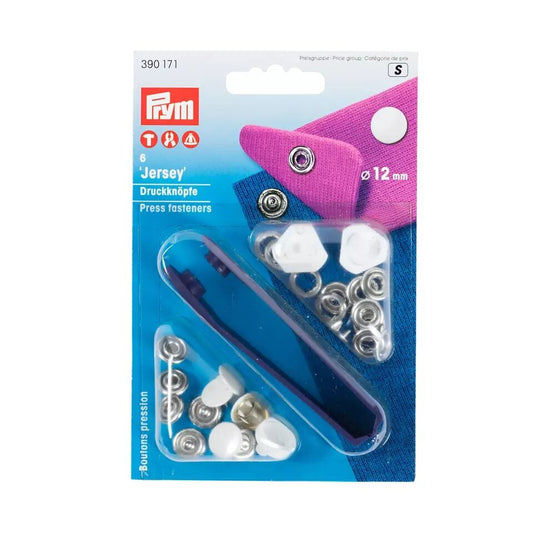 Metāla spiedpogas "Jersey" ar instrumentu trikotāžai, baltas 12mm, 6 gab.