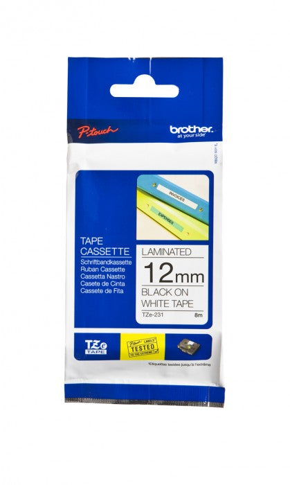 TZE 231 PAPER LABEL TAPE BLACK ON WHITE 12MM