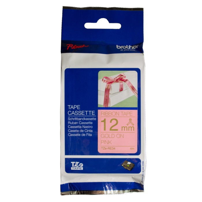 TZE RE34 DECORATIVE FABRIC RIBBON, GOLD LETTERS ON PINK BACKGROUND, 12MM X 4METERS