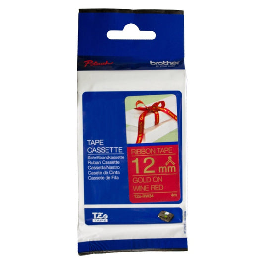 TZE RW34 DECORATIVE FABRIC TAPE, GOLD LETTERS ON RED BACKGROUND, 12MM X 4METERS