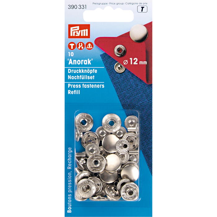 Spiedpogas "Anorak" virsdrēbēm, 12 mm, 10 gab - sudraba /Prym/ papildināšanas komplekts