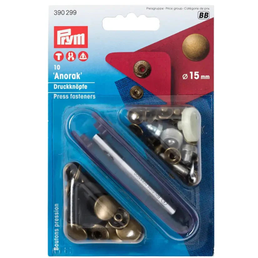 Pogas "Anorak" ar instrumentu, virsdrēbēm, 15 mm, 10 gab - veca vara krāsa