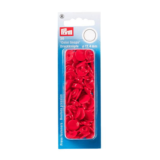 Plastmasas spiedpogas - Apaļas - Sarkans - Ø12.4 mm - 30 gab