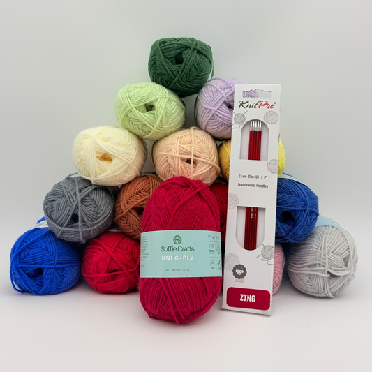 ZEĶU ADĪTĀJU KOMPLEKTS - Soffie Crafts UNI 6-diegu zeķu dzija 16gab.x50g + Zeķu adāmadatas||20 cm ZING KnitPro