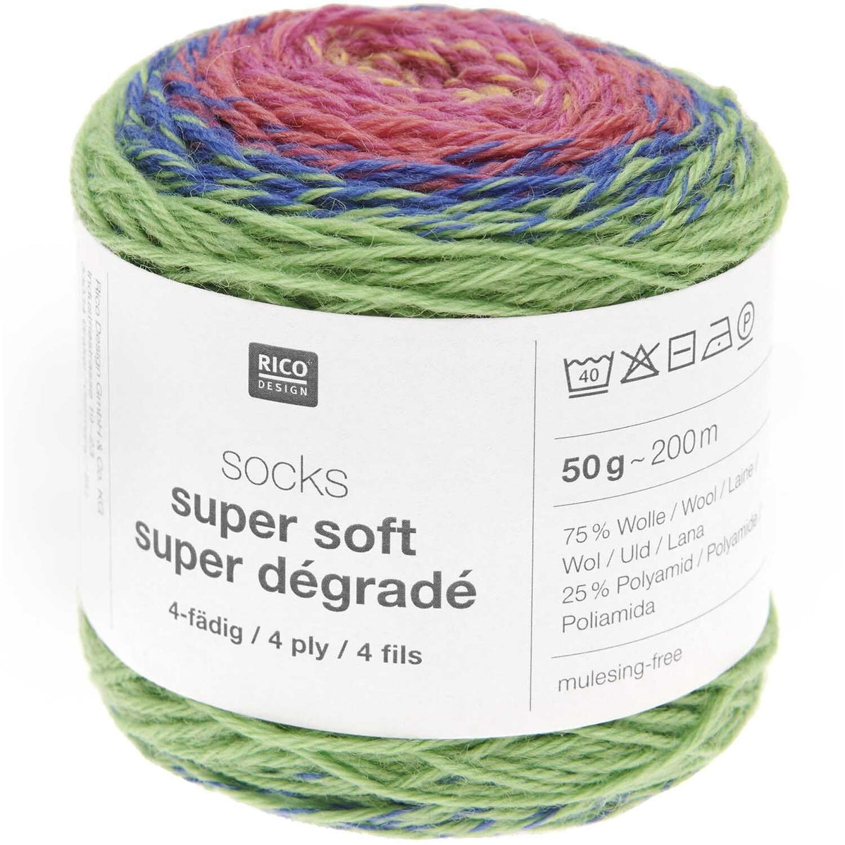 SOCKS SUPER SOFT SUPER DÉGRADÉ /Rico Design/ 4-diegu zeķu dzija 50g #004 "Varavīksne"