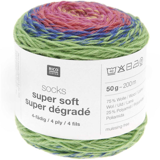SOCKS SUPER SOFT SUPER DÉGRADÉ /Rico Design/ 4-diegu zeķu dzija 50g #004 "Varavīksne"