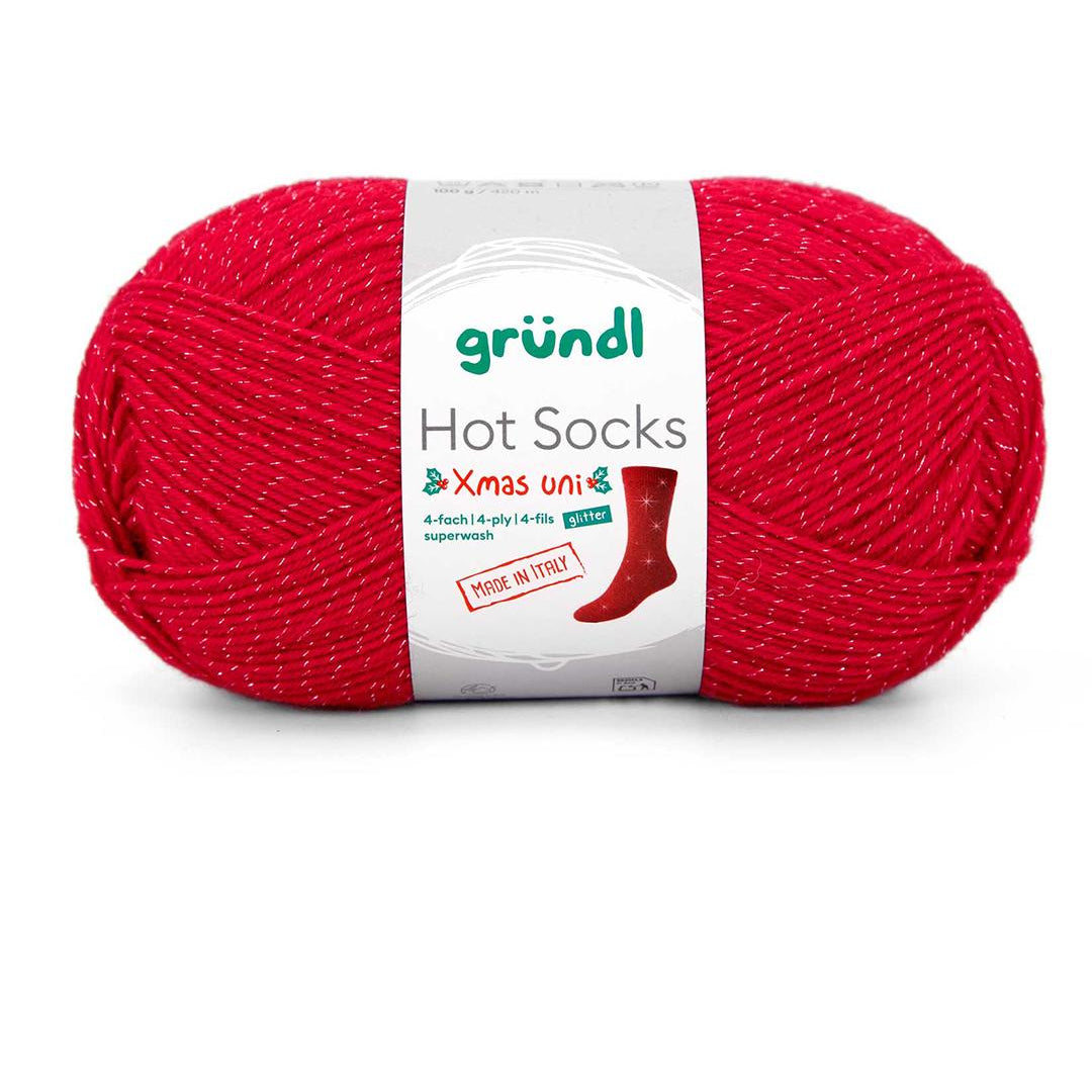 Hot Socks XMAS UNI /Gründl/ 4-diegu zeķu dzija ar spīdumu 100g #02 "Sarkans"