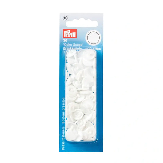 Plastmasas spiedpogas - Apaļas - Baltas - Ø12.4 mm - 30 gab