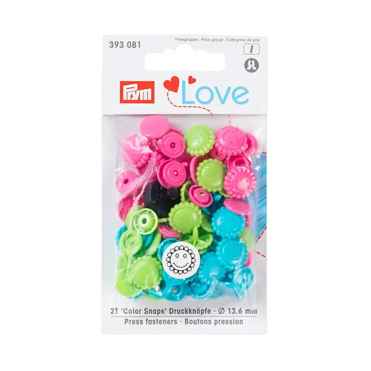 Plastmasas spiedpogas - Ziedi - tirkīzs/ zaļš/ rozā - Ø13.6 mm - 21 gab /Prym Love