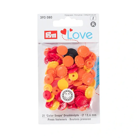 Plastmasas spiedpogas - Ziedi - dzeltenas/ sarkanas/ oranžas - Ø13.6 mm - 21 gab /Prym Love