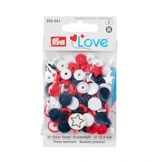 Plastmasas spiedpogas - Zvaigznītes - sarkans/ balts/ tumši zils - Ø12.4 mm - 30 gab /Prym Love