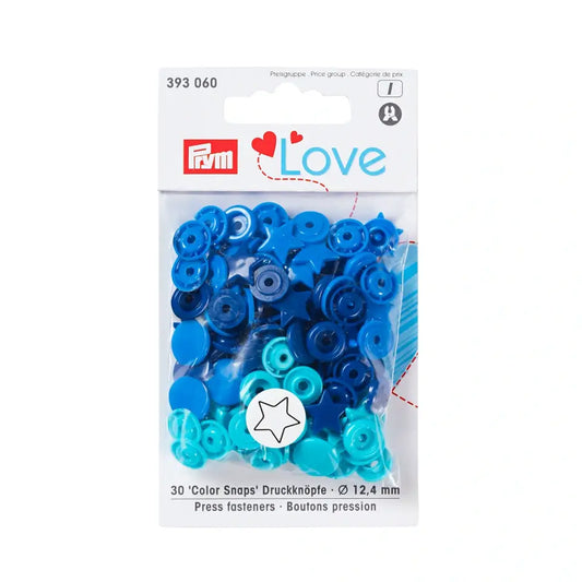 Plastmasas spiedpogas - Zvaigznītes - zils/ tirkīzs/ tintes zils - Ø12.4 mm - 30 gab /Prym Love