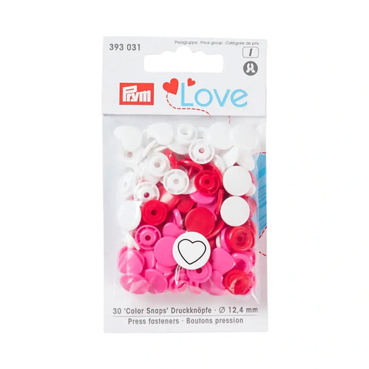 Plastmasas spiedpogas - Sirsniņas - sarkanas/ baltas/ rozā - Ø12.4 mm - 30 gab. /Prym Love
