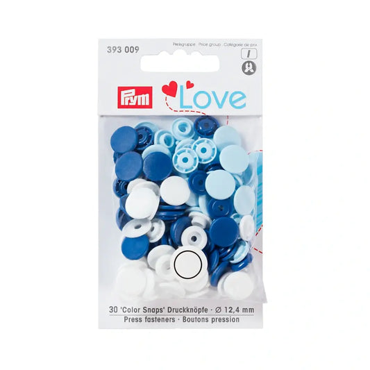 Plastmasas spiedpogas - Apaļas - zilas/ baltas/ gaiši zilas - Ø12.4 mm - 30 gab /Prym Love