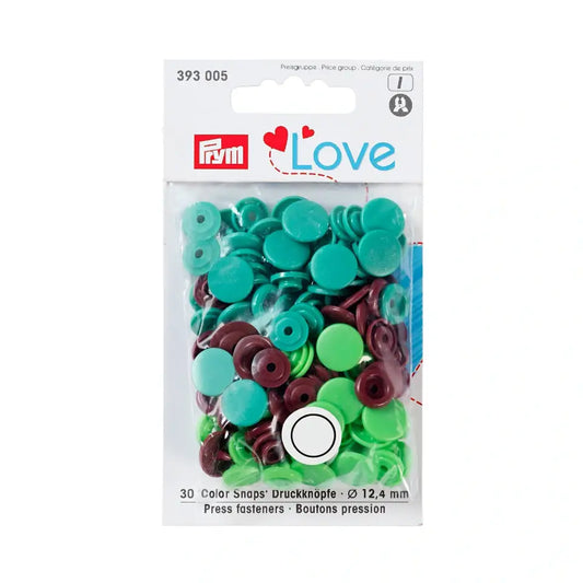 Plastmasas spiedpogas - Apaļas - Zaļas/ koši zaļas/ brūnas - Ø12.4 mm - 30 gab /Prym Love