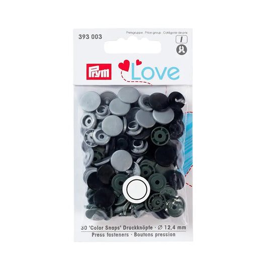 Plastmasas spiedpogas - Apaļas - pelēkas/ melnas/ zaļas - Ø12.4 mm - 30 gab /Prym Love