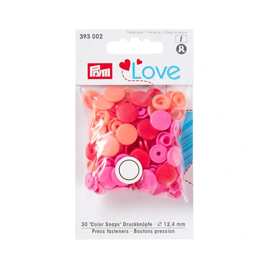 Plastmasas spiedpogas - Apaļas - rozā/ sarkanas/ oranžas - Ø12.4 mm - 30 gab /Prym Love
