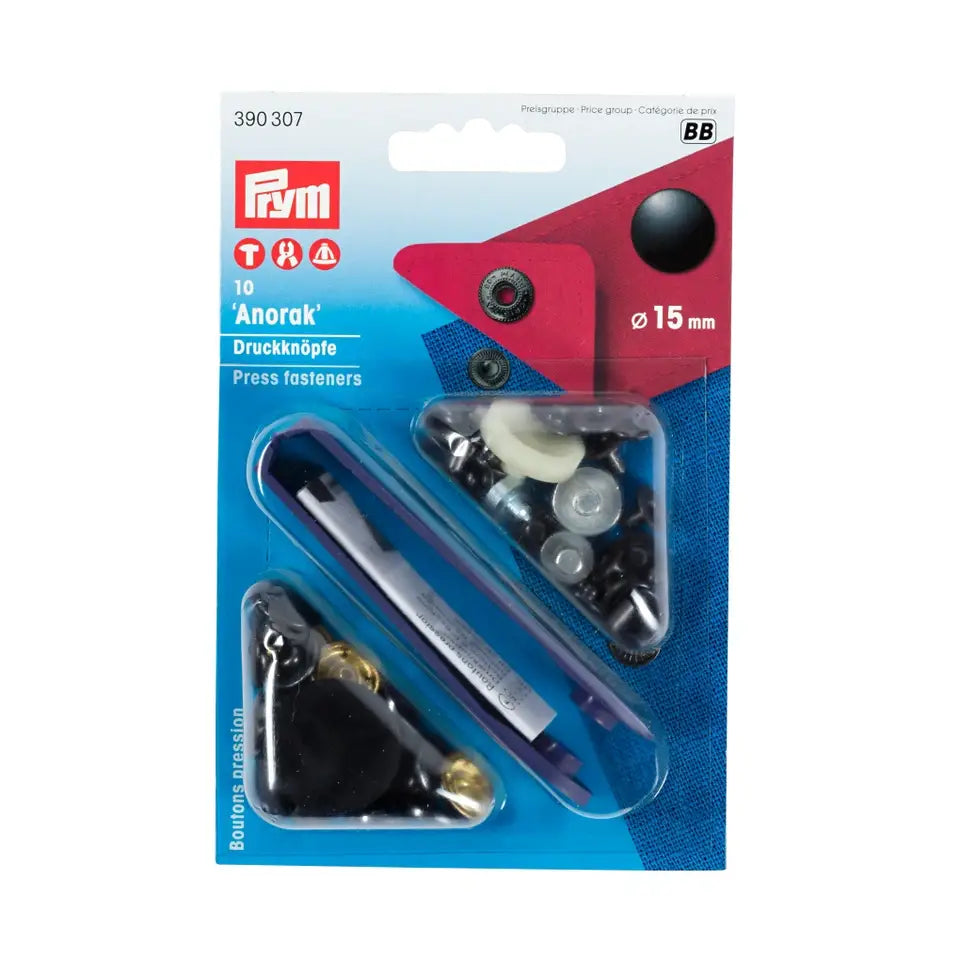 Pogas "Anorak" ar instrumentu, virsdrēbēm, 15 mm, 10 gab - melnas