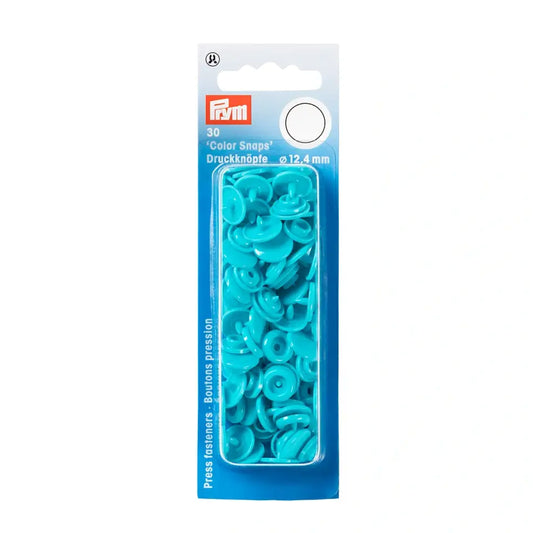 Plastmasas spiedpogas - Apaļas - Tirkīzs - Ø12.4 mm - 30 gab