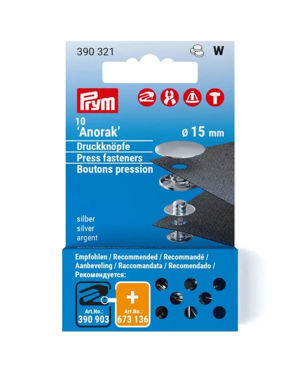 Spiedpogas "Anorak" virsdrēbēm, 15 mm, 10 gab - sudraba - papildināšanas komplekts