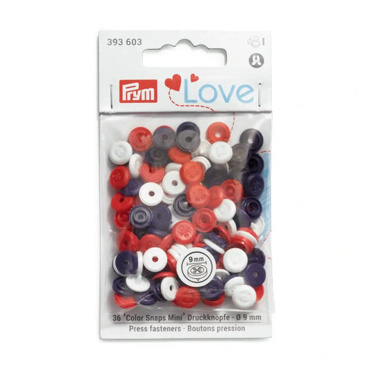 Plastmasas spiedpogas Color Snaps Mini "Poga" - sarkans/ balts/ tumši zils - Ø9 mm - 36 gab /Prym Love
