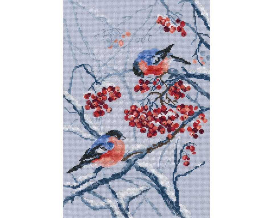 Sarkankrūtītis pīlādžos - izšūšanas komplekts /RTO/ 22 x 33 cm