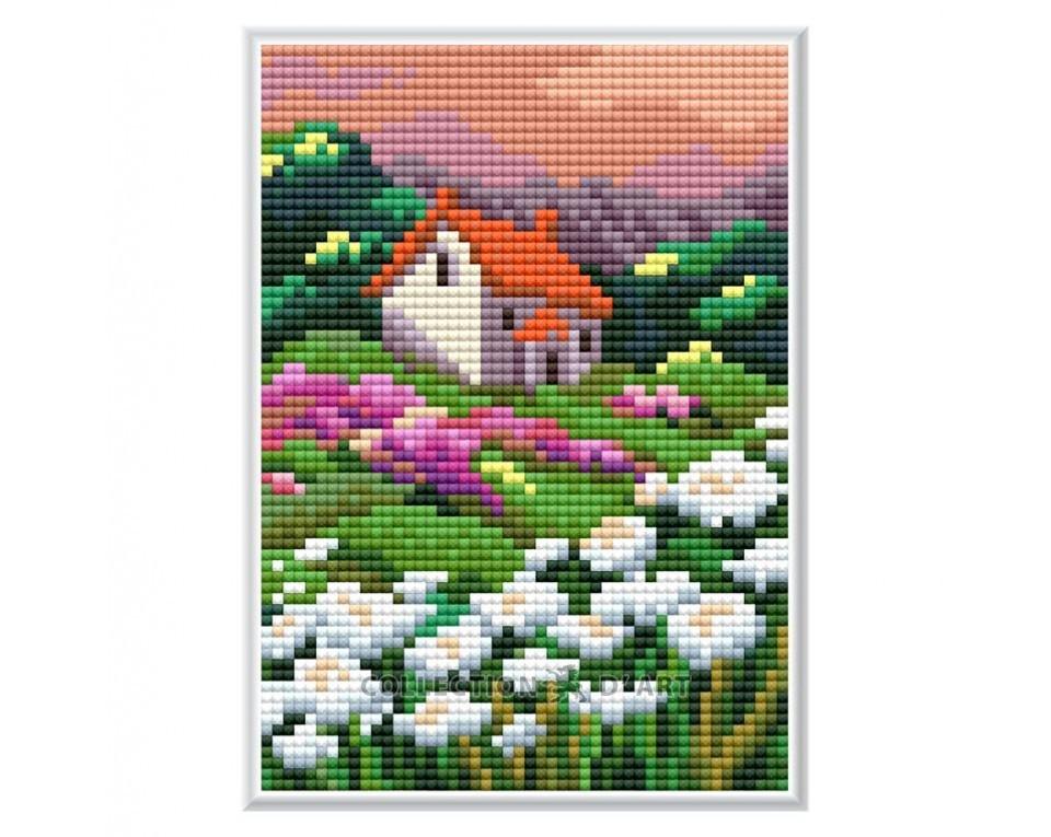 Dabas skice "Māja pļavā" - dimantu izšūšanas komplekts ar kartona pamatni /Collection d' Art/ 12x17 cm