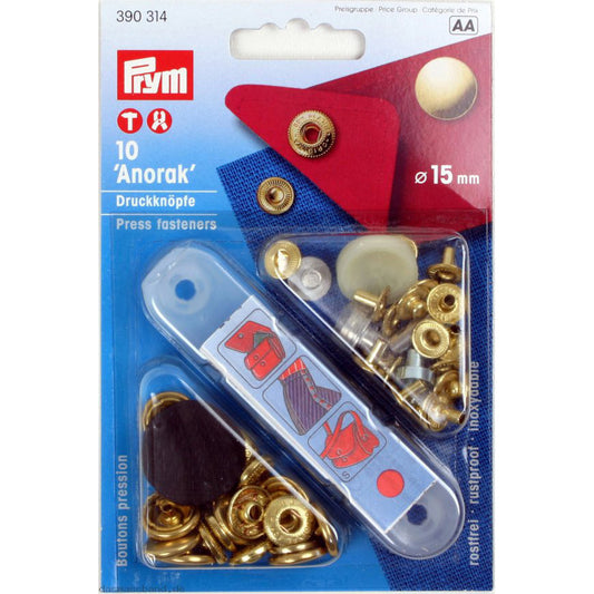 Pogas "Anorak" ar instrumentu, virsdrēbēm, 15 mm, 10 gab - zelta krāsa