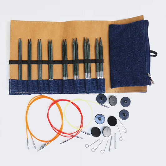DENIM Indigo Wood /13cm standarta garuma maināmo apļa adāmadatu komplekts ar kabeļiem /KnitPro/ 8 izmēri