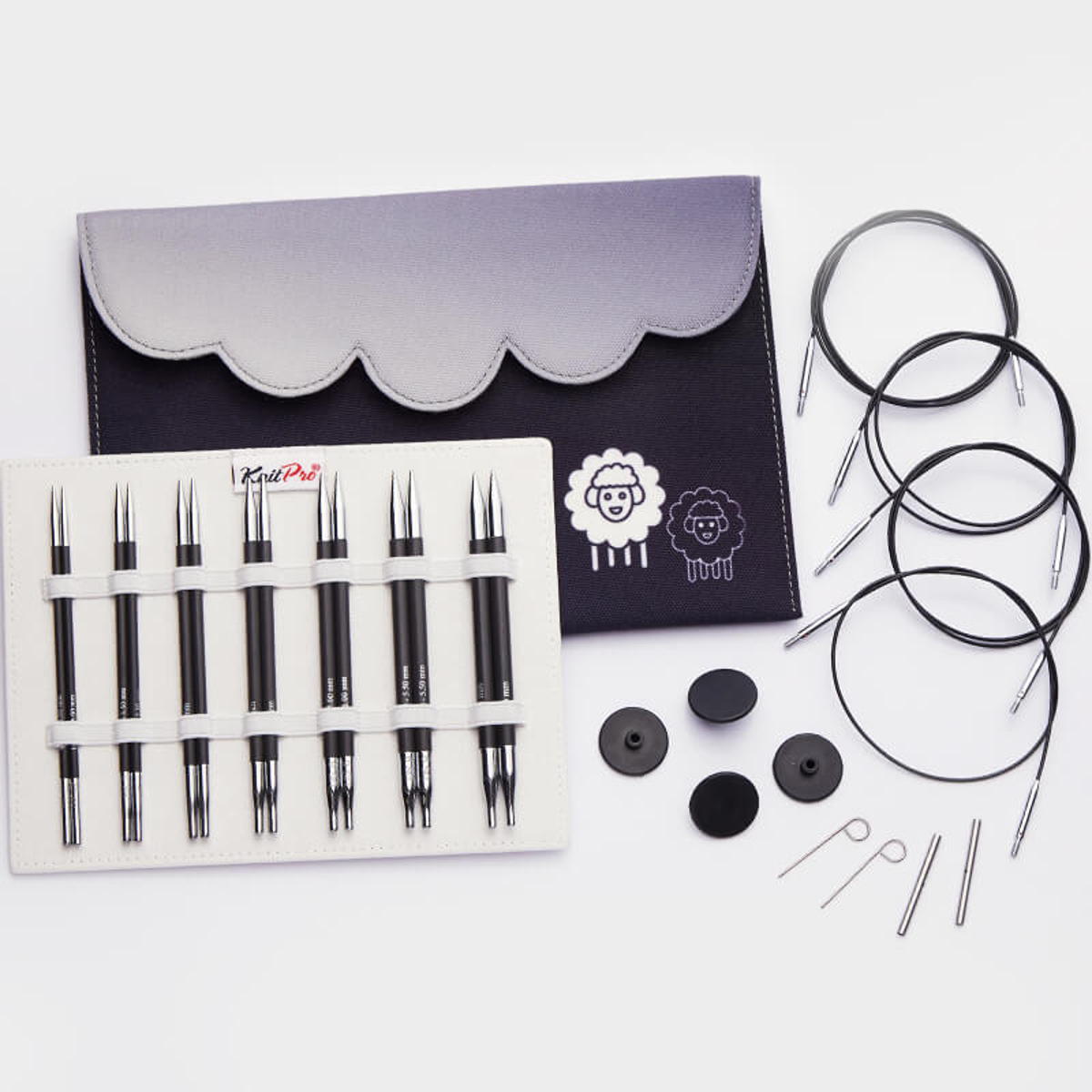 KARBONZ MIDI /13 cm standarta izmēra maināmo apļa adāmadatu komplekts ar kabeļiem /Knit Pro/ 7 izmēri