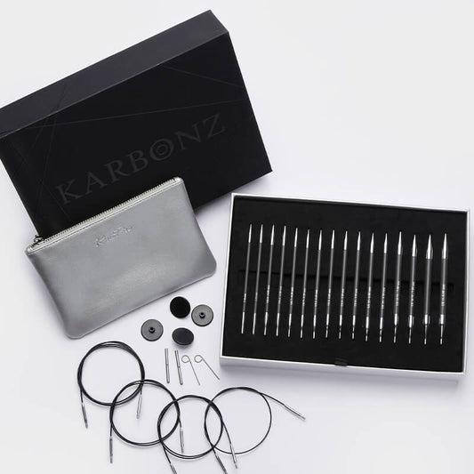 KARBONZ "BOX OF JOY" /13cm standarta garuma maināmo apļa adāmadatu komplekts ar kabeļiem /Knit Pro/ 8 izmēri