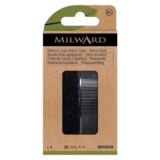 Lipīgā velkro aizdare 1m x 25mm /Milward/ - īpaši izturīga pielīmējama aizdare -  melna